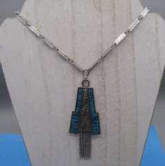 Whiting And Davis Vtg 1970s Necklace Art Deco Faux Turquoise Pendant Silver Tone