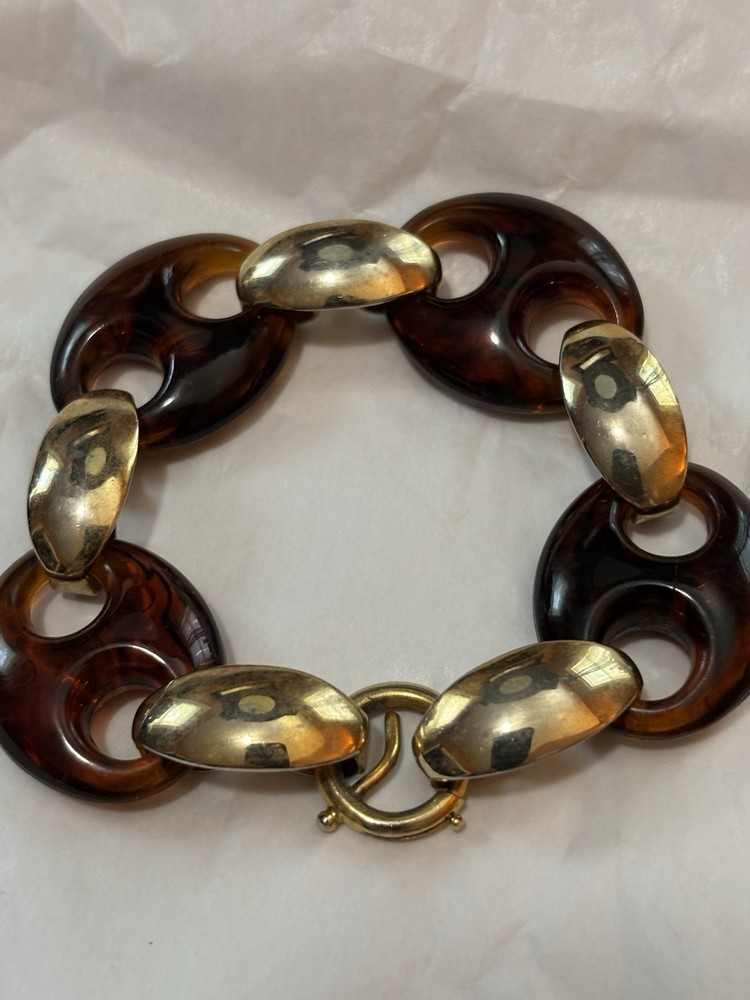 Vintage Napier Chunky Bracelet Brown Resin Link Gold Tone 8.5 Inch Long