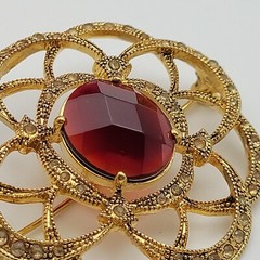 Vintage Monet Flower Brooch Gold Tone Clear And Red Rhinestone 45 mm Signed