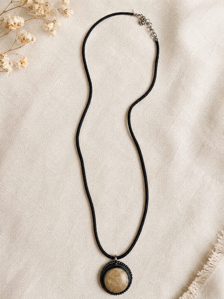 Vintage Black Leather Cord Necklace with Round Beige Stone Pendant.