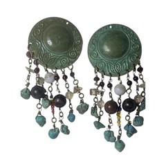 Vintage Boho Clip On Earrings Verdigris Patina Beaded Fringe Faux Turquoise