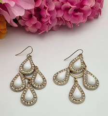 Vintage White Lucite Clear Crystal Teardrop Chandelier Earrings Gold Tone 2.5 In