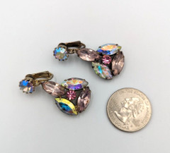 Aurora Borealis Crystals Rhinestones Clip On Earrings AB Vintage Unmarked Dangle