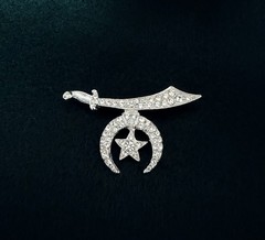 Vintage Silver Tone Masonic Scimitar Sword Cresent Star Clear Rhinestone Brooch