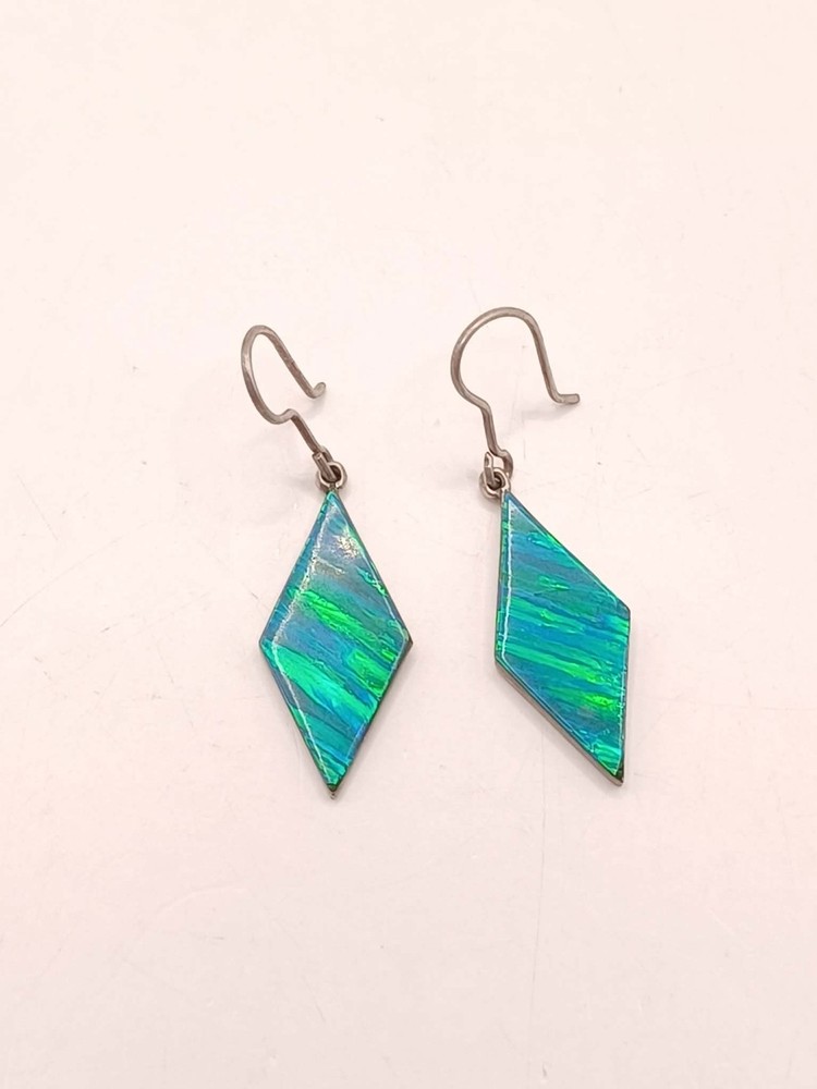 Vintage Mexico 950 Silver Faux Fire Opal Dangle Drop Earrings Diamond Shape