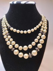 Vintage Faux Pearl & Black Faceted Glass 3 Strand Necklace