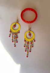 Vintage Thailand Boho Lucite Hoop Chandelier Earrings & Orange Resin Bangle Set