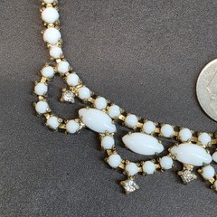 Vintage 16″ Milk Glass Rhinestone Bib Necklace White Gold