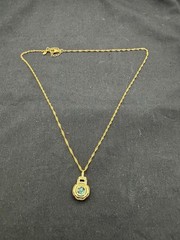 JTV Foil Glass Silver 925 Pendant Necklace Green Aventurine Flake Gold Tone 19″
