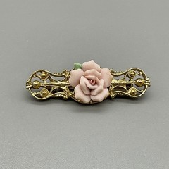 Vintage Brooch Women Pink Porcelain Rose Gold Tone Filigree Bar Pin 2.25 Inch