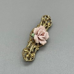 Vintage Brooch Women Pink Porcelain Rose Gold Tone Filigree Bar Pin 2.25 Inch
