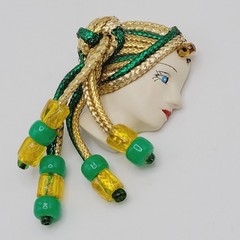 Lady Face Hand Painted Resin Braided Bead Long Hair Art Deco Revival Brooch Pin