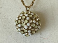 Vintage Rhinestone, White and Green Lucite Sphere Pendant Gold Tone Necklace-24″