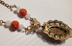 VTG ART DECO Coral Molded Glass Floral Necklace 1930s Glass & Brass 18″ Necklace