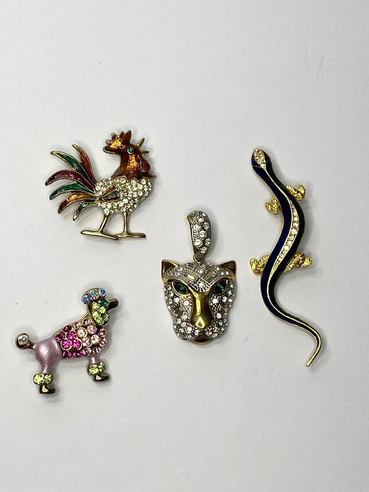 Vintage lot of 4 Rhinestone Animal Collection Salamander Rooster Leopard Poodle