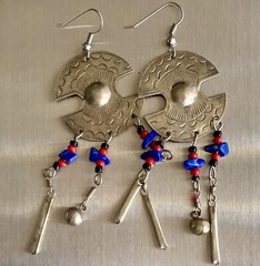 Vintage Lapis Silver Tone Dangling Earrings Large 3.5in Red Black Beads 9.84g