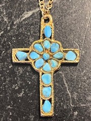 Lovely 24″ Goldtone Chain And 2.50″ Cross Pendant with PolishedTurquoise Nuggets