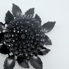 Albert Weiss Black Rhinestone and Enamel Flower Pin Brooch Signed Vintage