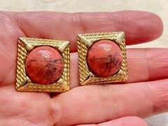 Designer M Jent Signed Faux Round Coral Cab Gold Tone Square Pierced Earrings