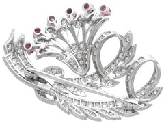 Vintage 4.65Ct Diamond and 0.24Ct Ruby Platinum Floral Brooch Circa 1950