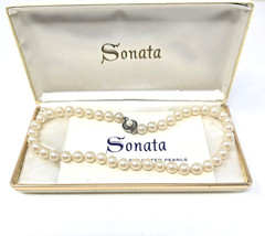 Vintage 50’s Sterling Silver Clasp SONATA Glass Faux Pearl Necklace In Box