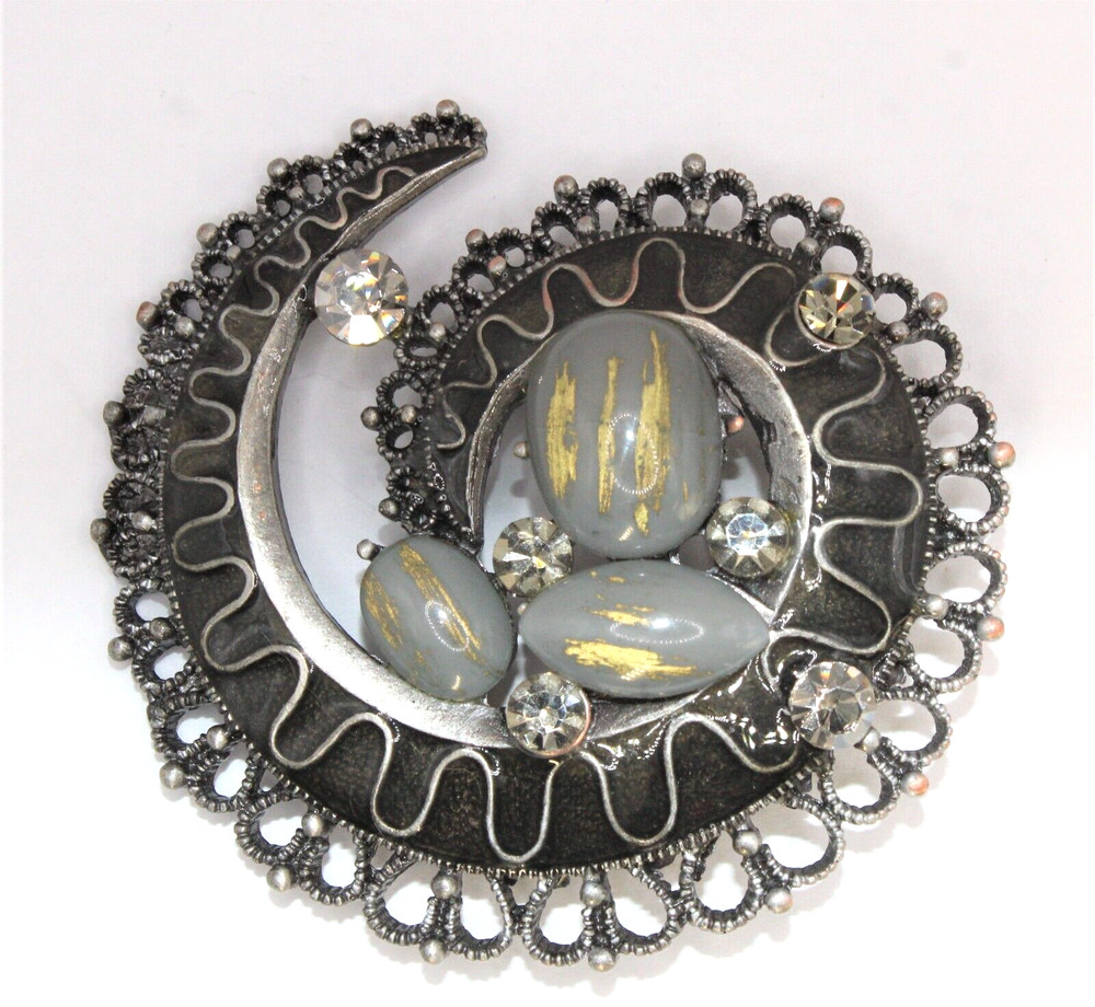 Vintage Gray Rhinestone Metal Swirl Cabochon Brooch Pin