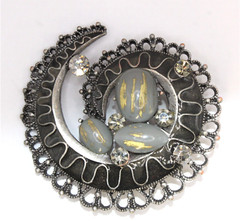 Vintage Gray Rhinestone Metal Swirl Cabochon Brooch Pin