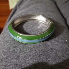 Vintage Blue Green Stripe Enamel Silver Tone Clamp Cuff Bangle Bracelet Clip On