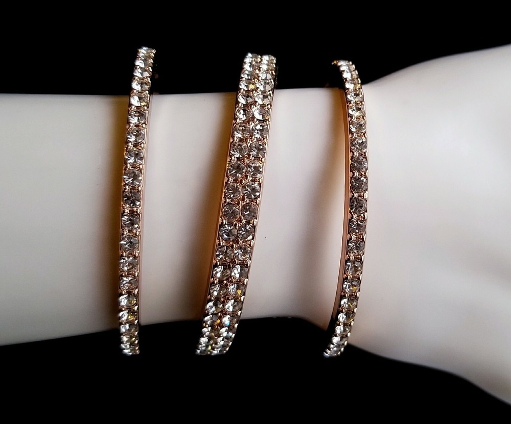 FAB! WIDE RHINESTONE BANGLE CUFF STATEMENT BRACELET CLEAR STONES ROSE GOLD BASE