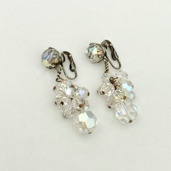 Vintage AB Crystal Glam Cha Cha Beaded Clip On Dangle Drop Earrings