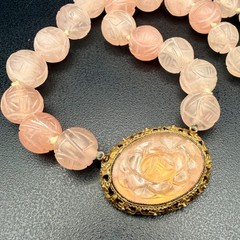 Chinese Export Blush Pink Carved Rose Quartz Necklace Floral Pendant 17 Inches