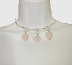 Vintage Pearl & Rose Quartz Choker Y2K Necklace Silver Tone Memory Wire Dangle
