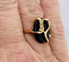 Vtg Sz 7 Ring Genuine Black Oval Onyx Rhinestones Fashion Jewelry 18KGE Sty#5