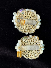 VTG Signed HOBÉ Gold Tn Fancy Clear AB Faux Pearls BEADED CLUSTER Clip Earrings