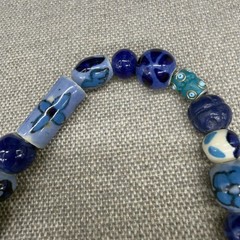 Vintage Artisan Necklace Ceramic Hand Painted Beads Blue White Floral 30 Inches