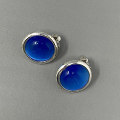 Vtg Stud Button Earrings Silver Tone Metal Blue Moonglow Cabochons Clip On Retro