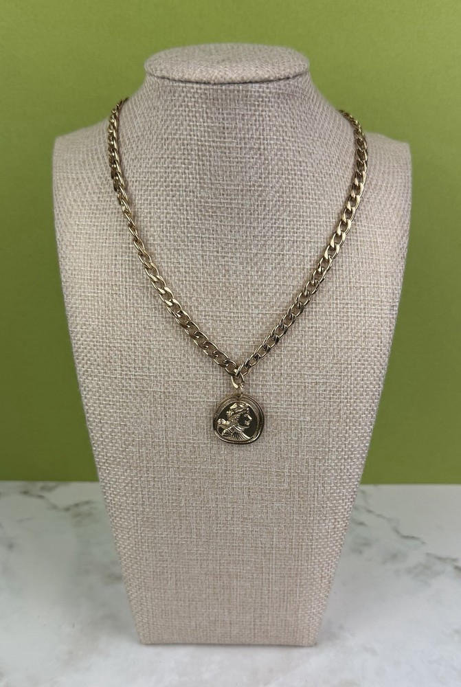 Vintage Style Gold Roman Coin Medallion Necklace • Chunky Curb Chain