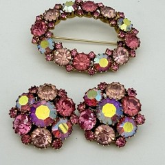 Vintage Rhinestone Brooch & Earrings Set Pink AB Crystal Cupcake Setting