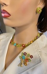 AUTHENTIC SWOBODA SET OF NECKLACE, BROOCH, EARRINGS – PERIDOT, MULTI-STONE!