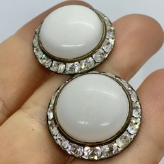 Vtg Channel Set Rhinestone Halo White Cabochon Brass Huggie Earrings Screwback