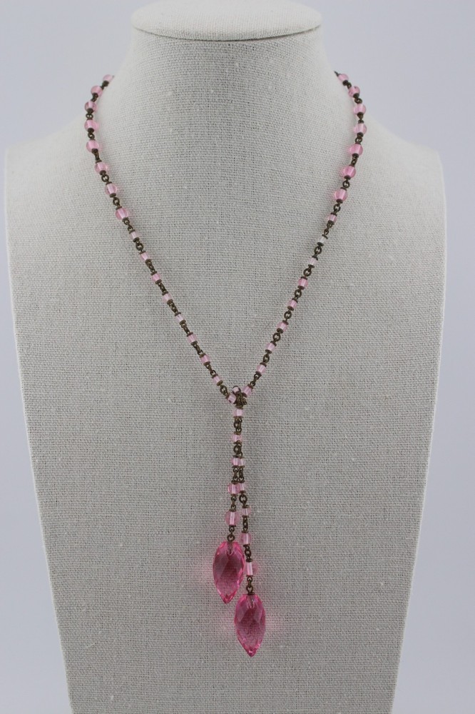 Antique or Vintage Art Deco Pink Glass Crystal Lariat 21″ Flapper Necklace