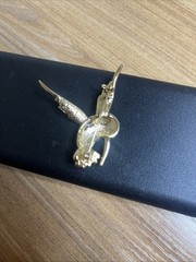 Vintage Humming Bird Brooch Gold Tone with Clear Rhinestones, Green Eye Stone