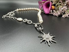 White natural pearl half chain necklace, cz removable pendant sun