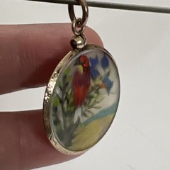 Antique Victorian Gold Filled Mother Of Pearl Bird Feather Round Etched Pendant
