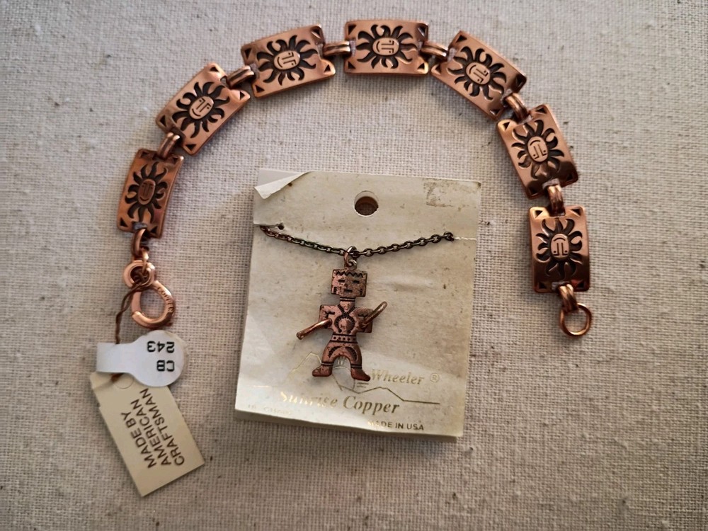 Vintage Aztec Figure Sunrise Copper Necklace With Chain And Bracelet NWT