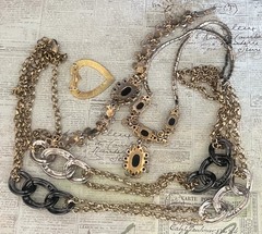 Vintage Necklace Brooch Bracelet 4 Piece Lot Black Rhinestones 60s – 90s