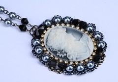 Vintage Cameo Necklace Blue Faux Pearl Black Bead Rhinestone 23″