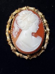 Vintage Brooch Pin Raised Cameo Costume Jewelry Gold Tone Girl With Ponytail