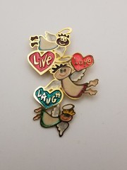 Vintage “Live Love Laugh” Gold Tone Brooch Angels Hearts Colorful Enamel Accents