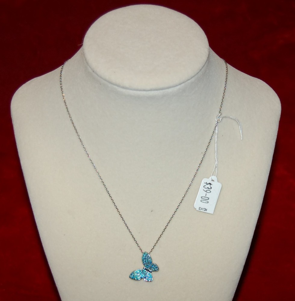 VINTAGE JEWELRY Necklace Blue Crystals Butterfly Pendant Chain